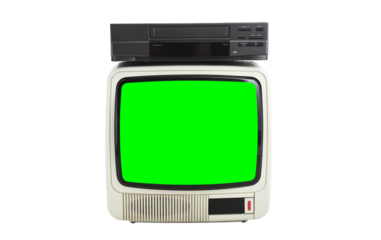Old white vintage TV with green screen to add images and VCR 1980s, 1990s, 2000s isolated on white background.