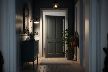 Cozy scandinavian interior style hallway with grey entrance door at night with lamp turned on, and a dresser with potted plant and pictures above it