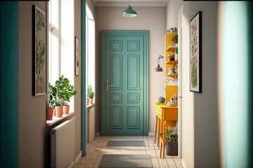 Scandinavian interior style bright hallway with colorful entrance door in the daylight, with 