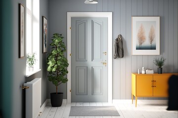 Scandinavian interior style room with window and door in the daylight