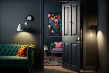 Scandinavian interior style room with dark grey door and a colorful framed picture at night