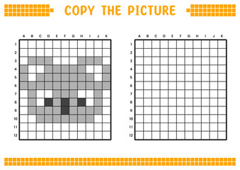 Fototapeta premium Copy the picture, complete the grid image. Educational worksheets drawing with squares, coloring cell areas. Children's preschool activities. Cartoon vector, pixel art. Koala face illustration.