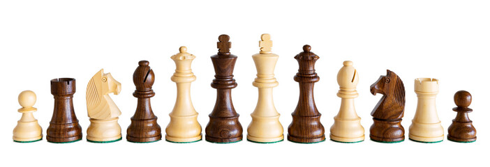 Dark and light wooden chess pieces isolated on white background