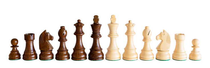 Black and white wooden chess pieces isolated on white background