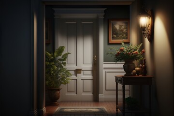 Country interior style hallway with entrance door and potted plants