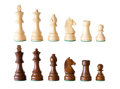 Set of black and white wooden chess pieces isolated on white background