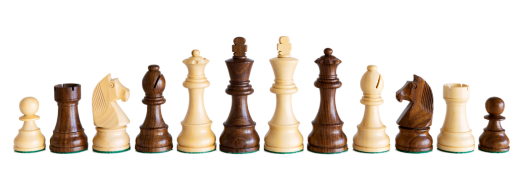 Dark and light wooden chess pieces isolated on white background