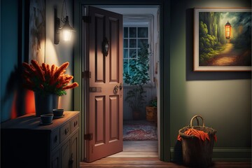 Colorful country interior style hallway with entrance door at night in the light of a lamp with potted plants