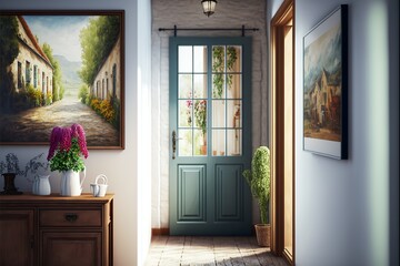 Country interior style hallway with windowed entrance door and natural wood furniture and framed picture