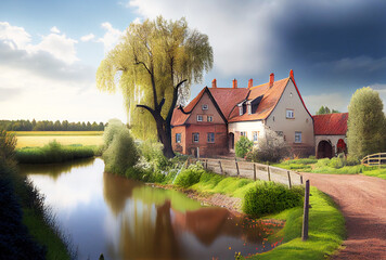 Naklejka na ściany i meble Germany landscape with river and house. Generative AI Art. Beautiful view.