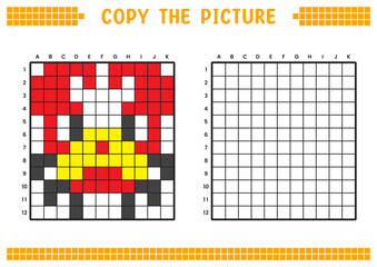 Copy the picture, complete the grid image. Educational worksheets drawing with squares, coloring cell areas. Children's preschool activities. Cartoon vector, pixel art. Crab illustration.