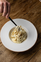 delicious pasta with 4 types of cheese and sauce on a plate from a restaurant
