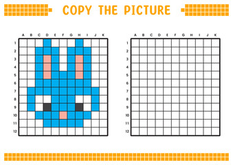 Copy the picture, complete the grid image. Educational worksheets drawing with squares, coloring cell areas. Children's preschool activities. Cartoon vector, pixel art. Blue rabbit face illustration.