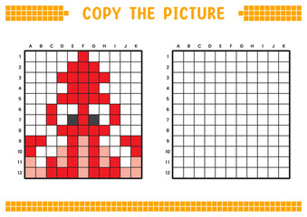 Copy the picture, complete the grid image. Educational worksheets drawing with squares, coloring cell areas. Children's preschool activities. Cartoon vector, pixel art. Red octopus illustration.