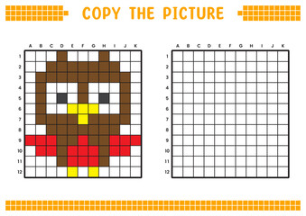 Copy the picture, complete the grid image. Educational worksheets drawing with squares, coloring cell areas. Children's preschool activities. Cartoon vector, pixel art. Cute owl illustration.