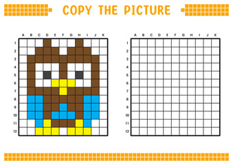 Copy the picture, complete the grid image. Educational worksheets drawing with squares, coloring cell areas. Children's preschool activities. Cartoon vector, pixel art. Owl illustration.