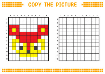 Copy the picture, complete the grid image. Educational worksheets drawing with squares, coloring cell areas. Children's preschool activities. Cartoon vector, pixel art. Mouse deer face illustration.
