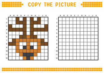 Fototapeta premium Copy the picture, complete the grid image. Educational worksheets drawing with squares, coloring cell areas. Children's preschool activities. Cartoon vector, pixel art. Deer face illustration.