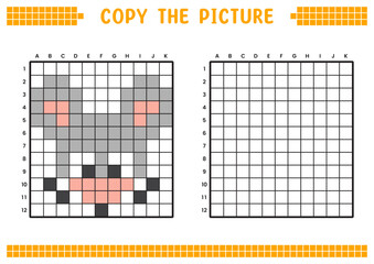 Copy the picture, complete the grid image. Educational worksheets drawing with squares, coloring cell areas. Children's preschool activities. Cartoon vector, pixel art. Rat face illustration.