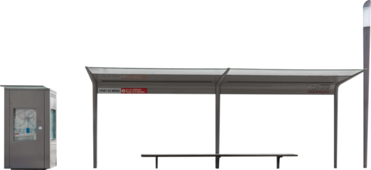 Isolated PNG cutout of a modern bus stop on a transparent background, ideal for photobashing, matte-painting, concept art
