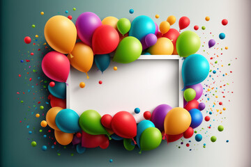 3D greeting card template with many colorful festive balloons and empty message board.