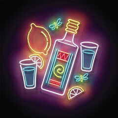 Glow bottle of Mexican tequila, shot, lemon. Traditional ethnic alcoholic drink. Neon Light Poster, Flyer, Banner, Signboard. Glossy Background. Vector 3d Illustration 