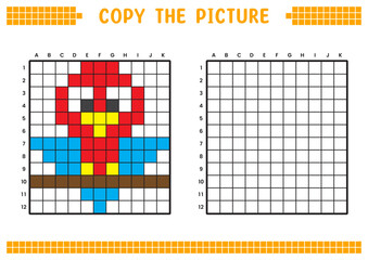 Copy the picture, complete the grid image. Educational worksheets drawing with squares, coloring cell areas. Children's preschool activities. Cartoon vector, pixel art. Lovebird illustration.
