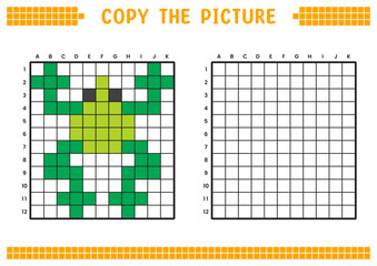 Copy the picture, complete the grid image. Educational worksheets drawing with squares, coloring cell areas. Children's preschool activities. Cartoon vector, pixel art. Green frog illustration.