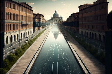 Fototapeta premium City with a bike lane and a river running parallel to it, created with Generative AI technology