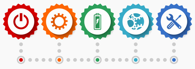 Industry vector icons, power and energy flat design web badges collection, business infographic template