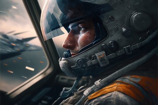 Close-up of a pilot sitting in the cockpit of a modern plain, created with Generative AI technology