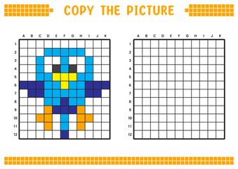 Copy the picture, complete the grid image. Educational worksheets drawing with squares, coloring cell areas. Children's preschool activities. Cartoon vector, pixel art. Blue bird illustration.