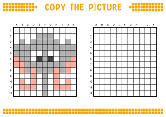 Copy the picture, complete the grid image. Educational worksheets drawing with squares, coloring cell areas. Children's preschool activities. Cartoon vector, pixel art. Elephant face illustration.