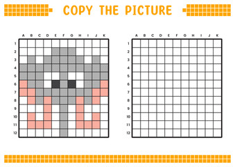 Fototapeta premium Copy the picture, complete the grid image. Educational worksheets drawing with squares, coloring cell areas. Children's preschool activities. Cartoon vector, pixel art. Elephant face illustration.