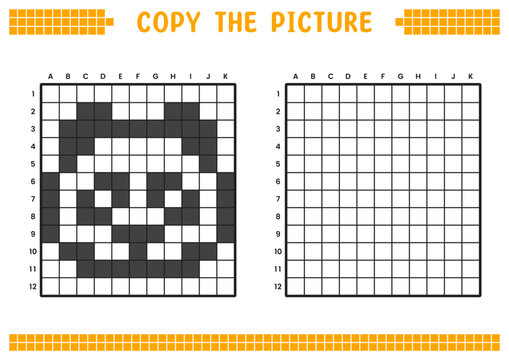 Copy the picture, complete the grid image. Educational worksheets drawing with squares, coloring cell areas. Children's preschool activities. Cartoon vector, pixel art. Panda face illustration.
