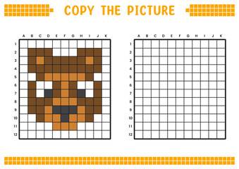 Fototapeta premium Copy the picture, complete the grid image. Educational worksheets drawing with squares, coloring areas. Preschool activities, children's games. Cartoon vector illustration, pixel art. Brown bear face.