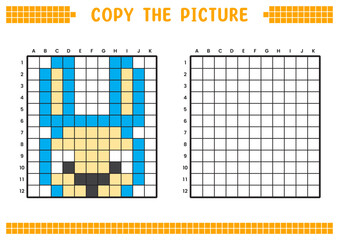 Fototapeta premium Copy the picture, complete the grid image. Educational worksheets drawing with squares, coloring cell areas. Preschool activities, children's games. Cartoon vector illustration, pixel art. Bunny face.