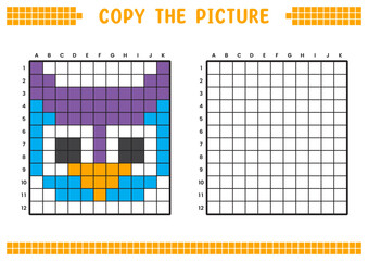 Copy the picture, complete the grid image. Educational worksheets drawing with squares, coloring cell areas. Preschool activities, children's games. Cartoon vector illustration, pixel art. Owl face.