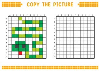 Copy the picture, complete the grid image. Educational worksheets drawing with squares, coloring areas. Preschool activities, children's games. Cartoon vector illustration, pixel art. Green snake.