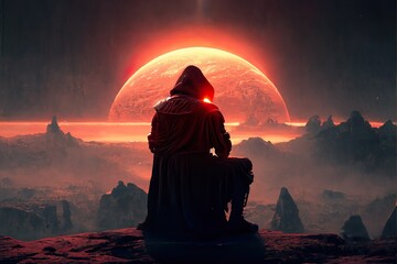 Sith Lord che medita di fronte ad un pianeta nel cielo oscuro, atmosfera oscura