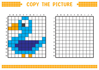 Copy the picture, complete the grid image. Educational worksheets drawing with squares, coloring cell areas. Preschool activities, children's games. Cartoon vector illustration, pixel art. Blue duck.