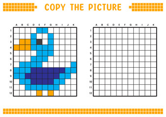 Fototapeta premium Copy the picture, complete the grid image. Educational worksheets drawing with squares, coloring cell areas. Preschool activities, children's games. Cartoon vector illustration, pixel art. Blue duck.