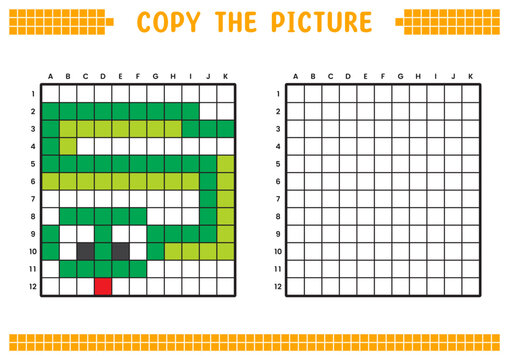Copy the picture, complete the grid image. Educational worksheets drawing with squares, coloring areas. Preschool activities, children's games. Cartoon vector illustration, pixel art. Green anaconda.