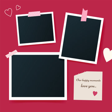 Set of blank photo cards on holiday Valentine's Day on color Magenta background. Snapshot of happy moments of love. Vector illustration