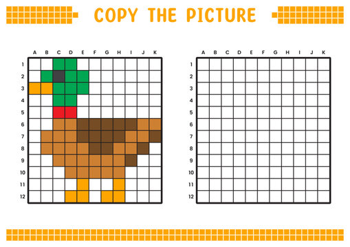 Copy the picture, complete the grid image. Educational worksheets drawing with squares, coloring areas. Preschool activities, children's games. Cartoon vector illustration, pixel art. Mallard duck.