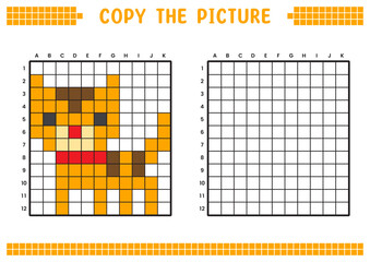 Copy the picture, complete the grid image. Educational worksheets drawing with squares, coloring cell areas. Preschool activities, children's games. Cartoon vector illustration, pixel art. Orange cat.