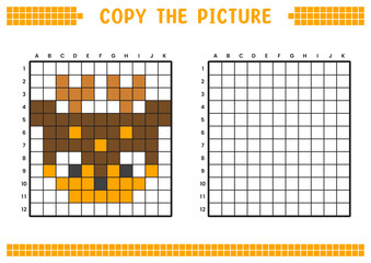 Copy the picture, complete the grid image. Educational worksheets drawing with squares, coloring areas. Preschool activities, children's games. Cartoon vector illustration, pixel art. Brown deer face.
