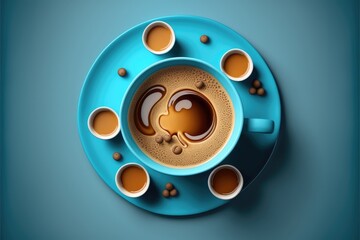 Turquoise cup of coffee. Top view. Morning relaxation. Generative ai.