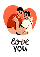 An inclusive Valentine's Day card. LGBT men hug. A cute card with a heart. Beautiful boyfriends