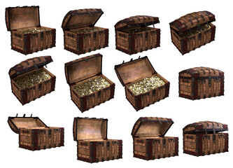 3D Render : collection of different angle empty Treasure chest and full with gold coin isolated on white background, PNG Transparent 